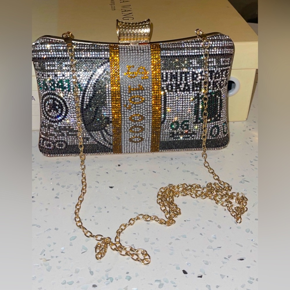 Akira Crystal 100 Dollar Bill Clutch Handbag